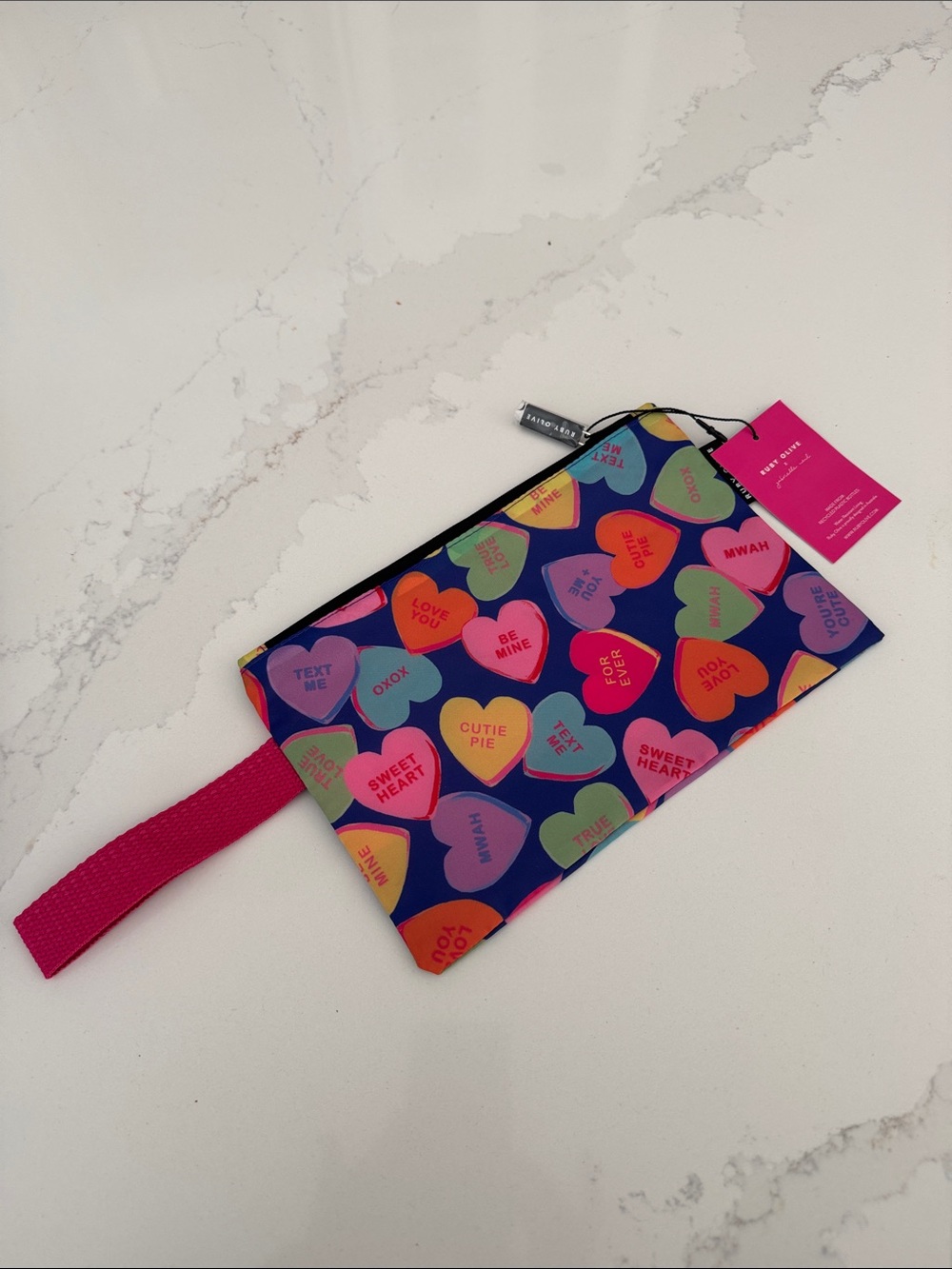 Ruby Olive candy heart wristlet with hot pink strap